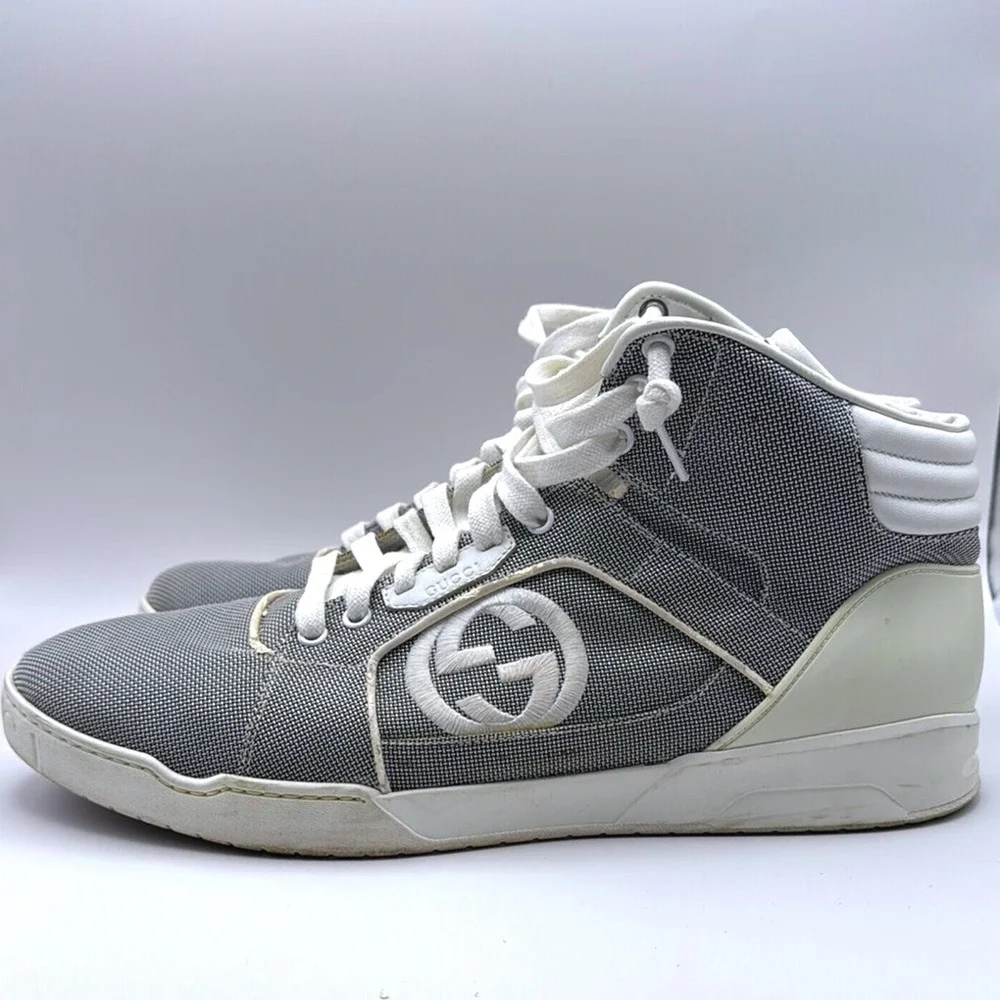 Gucci High Top Sneakers Grey Canvas Interlocking G Logo Men's size 12 309517